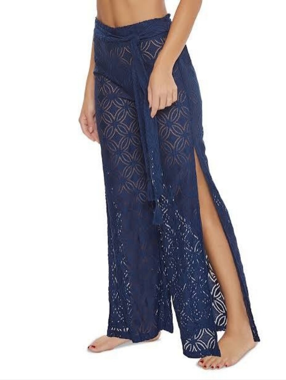 TRINA TURK Pacheco Crochet Pants Sheer Navy Blue Swim Cover-Up Pants | SZ M
